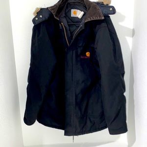 Carhartt heavy black jacket, zipper/Velcro, size M great condition. + snap/Hood!